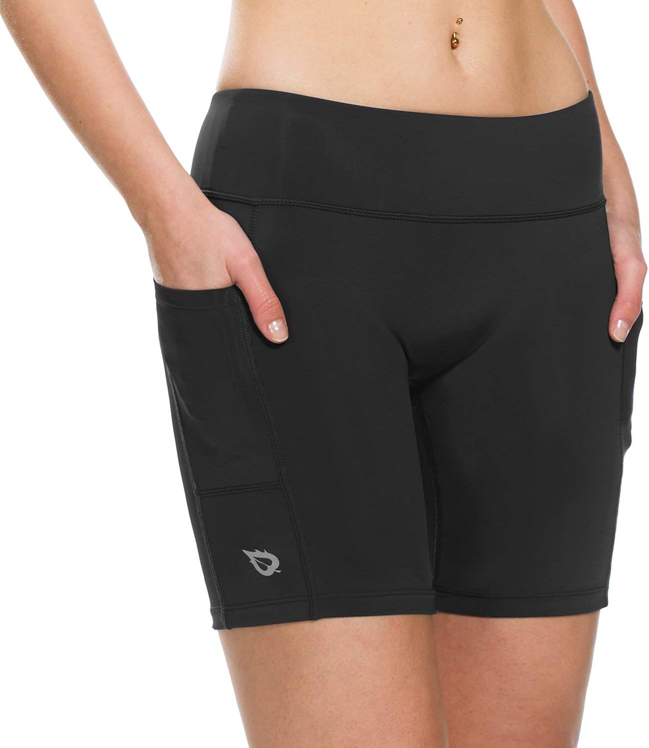 BALEAF Women's 7 Inches Long Compression Running Yoga Spandex Shorts Workout Back Pockets : Clothing