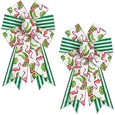 2pcs Summer Wreath Bows Summer Flamingo Green White Strips Burlap Bows for Wreath, Summer Tropical Animal Ribbon Bows Tree Topper Bow for Summer Home Indoor Outdoor Decoration Wreath Ornament Supplies