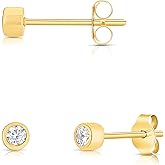 14k Solid Gold Round Tiny Studs With Solitaire Small 2mm Cubic Zirconia Bezel Setting Earrings