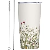 Kaireno Watercolor Wildflower Tumbler Floral Insulated Tumblers with Lid Straw Reusable Flowers Coffee Travel Mug Tea Wine Cups Birthday Gifts for Women 20 Oz
