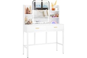 armocity Vanity Desk with Mirror and Lights, Makeup Vanity with 2 Storage Drawers, Vanity Table Set with 3 Color Lighting Options, Modern Dressing Table with Storage Shelf for Bedroom, White