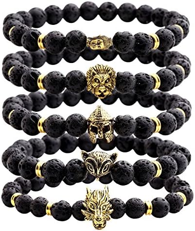Women 8mm Black Lava Rock Stone Aromatherapy Essentail Oil Diffuser Bracelet,Men Prayer Beads Mala Reiki Energy Meditation Bracelets Silver Skull/Wolf/Lion Head Lucky Charm