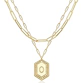 MEVECCO Dainty Gold Initial Necklace for Women 18K Gold Plated Layered Paperclip Link Chain Necklace Personalized Cute Hexagon Letters for Women Everyday Wear Jewelry