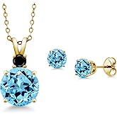Gem Stone King 18K Yellow Gold Plated Silver Round Swiss Blue Topaz and Black Diamond Pendant and Earrings Jewelry Set For Women (6.03 Cttw, Gemstone Birthstone, with 18 Inch Chain)