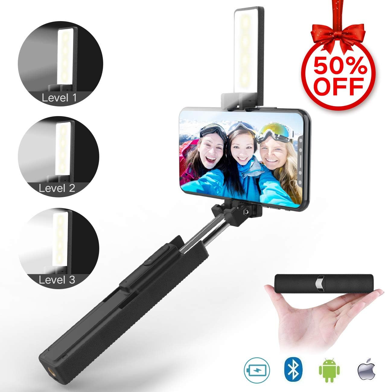 Selfie Stick, Jopree 2 in 1 Bluetooth Mini Selfie Stick with LED Light [3 Brightness Levels], Built-in Bluetooth Remote Phone Selfie Stick【Lovely Lipstick Appearance】 for iPhone and Android Phones