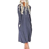 AUSELILY Women Long Sleeve Dresses Round Neck Casual Spring Swing Dress with Pockets