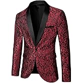 Cloudstyle Mens Floral Jacquard Dress Suit Jacket 1 Button Print Tux Blazer Sport Coat