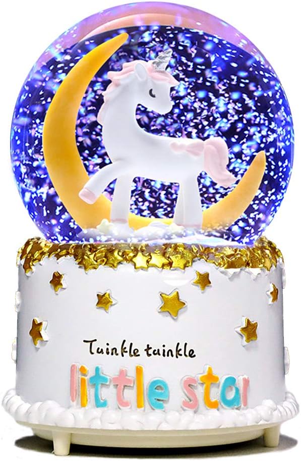 VECU Unicorn Snow Globe, 80 MM Manual Snowfall Cartoon Moon Music Box Home Decoration for Girls Kids Granddaughters Babies Birthday Gift, Musical, Resin/Glass
