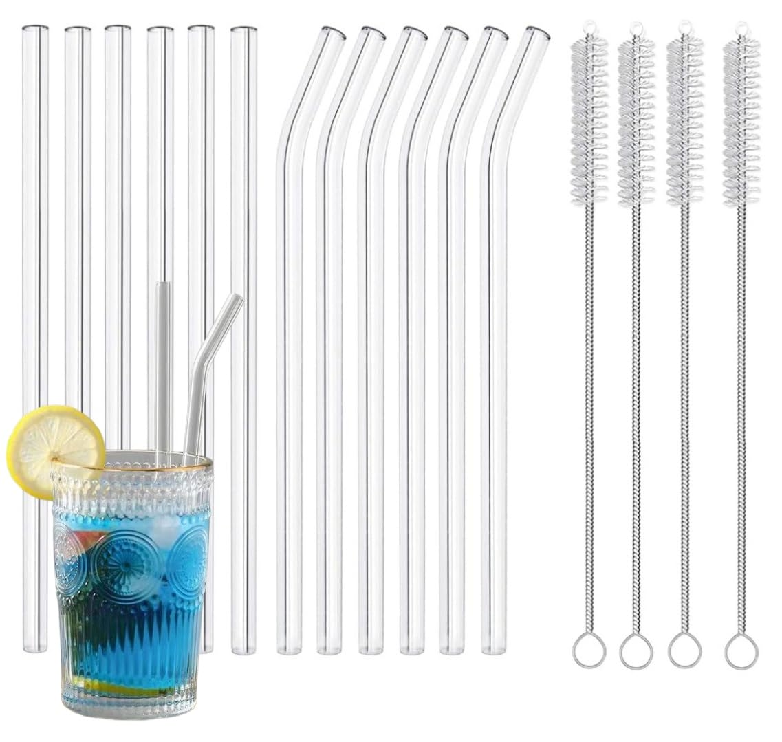 Photo 1 of 16 Pack Reusable Glass Straws,SIZE(8.5''x10 MM)?Set of 6 Straight and 6 Bent with 4 Cleaning Brush,Perfect for Smoothies,Tea, Juice
