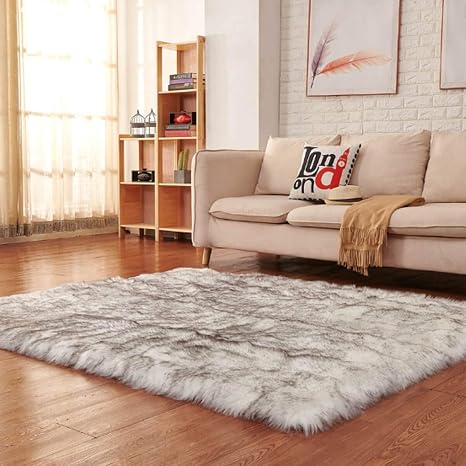 Fluffy Faux Fur Rug for Bedroom Shaggy Sheepskin Large Area Rug Fuzzy Carpet for Living Room 8×10 Feet,White with Grey Top