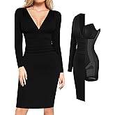 Popilush Long Sleeve Bodycon Dress Shapewear Dress V Neck Ruched Midi Party Cocktail Dresses