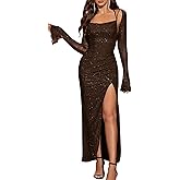 KUTUMAI Women's Sexy Long Sleeve Sequin Maxi Dress Halter Side Split Ruched Bodycon Formal Cocktail Party Dresses