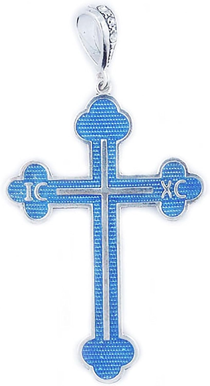 Religious Gifts Blue Silver Tone Cross Pendant Icxc Jesus