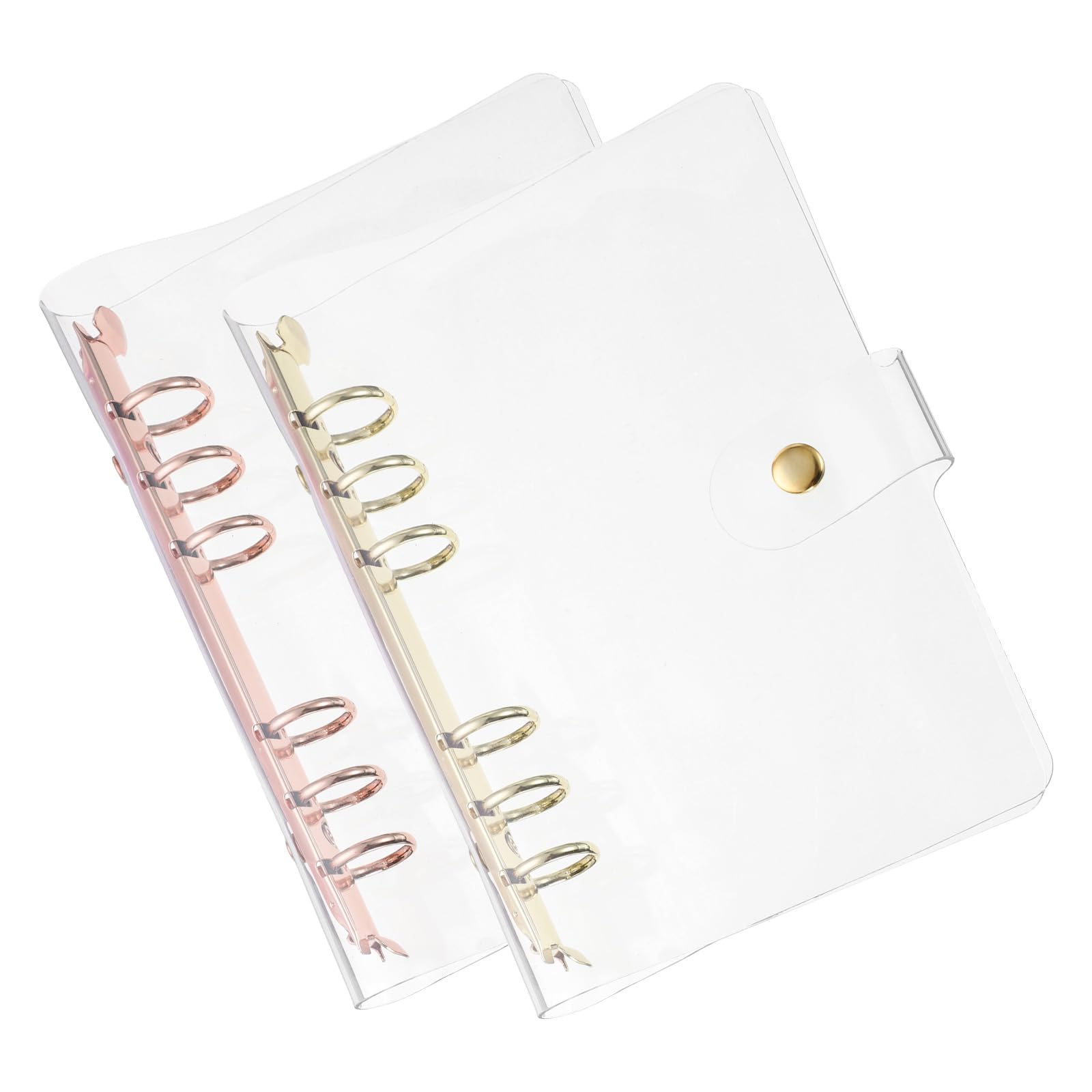 PATIKIL A6 Clear Binder Cover, 2Pcs Soft PVC Loose Leaf Binder Protector Refillable Notebook Shell with Snap Button Closure 6 Ring for DIY Meeting Notebook Folder,Gold Tone and Silver Tone
