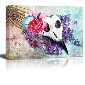 Beautifully Painted Animal Skull on a Bed of Flowers - Canvas Art Home Art - 12x18 inches
