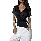 Floerns Women's Satin Wrap V Neck Blouse Ruched Short Sleeve Split Asymmetrical Shirt