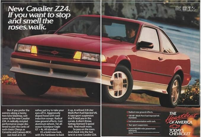 Amazon Com Magazine Print Ad Red 1988 Chevy Cavalier Z24 2 8 L V 6 If You Want To Stop And Smell The Roses Walk 2 Pages Entertainment Collectibles