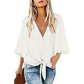 luvamia Women's Casual V Neck Tops 3/4 Sleeve Tie Knot Blouses Solid Button Down Shirts