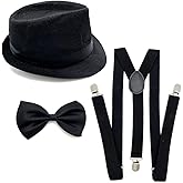Yxtwaeh 3 Packs 1920s Mens Costume Accessories Gangster Fedora Hat Bow Tie Y-Back Suspenders for Halloween Christmas Carnival Party, Black