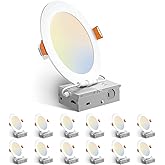 Amico 12 Pack 6 Inch 5CCT Ultra-Thin LED Recessed Ceiling Light with Junction Box, 1050LM Brightness, Dimmable Canless Wafer Downlight, 12W, ETL&FCC
