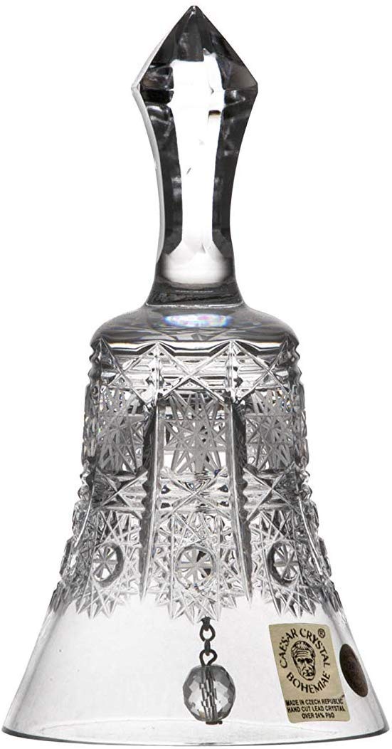 Czech Crystal Glass Christmas Bell 5"- Height Bohemian Hand Cut Vintage Lace Design New Year Home De