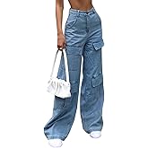 Women's Y2K Fashion Wide Leg High Waist Cargo Jeans Loose Fit Boyfriend Denim Pants with Pockets