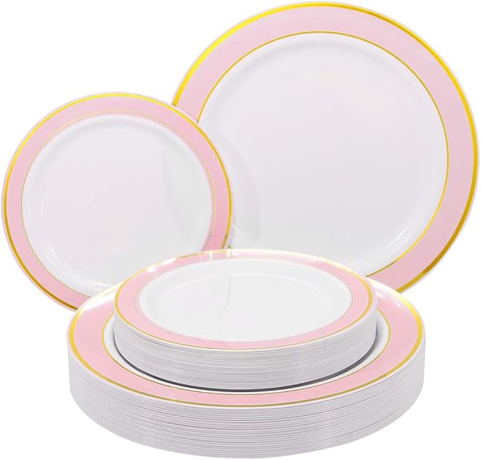 NERVURE 102 PCS Pink with Gold Rim Disposable Plates