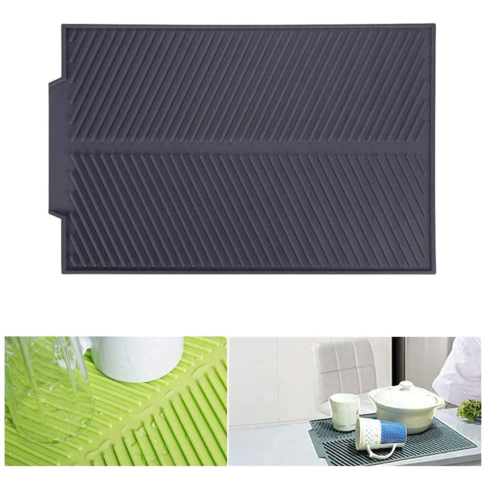Silicone Drain Pad, Dish Drying Mat Rectangle, Silicone Drain Mat Drying Dishes Pad Heat Resistant Slip-Proof Tray Dinnerware Table Mat(Dark Gray)