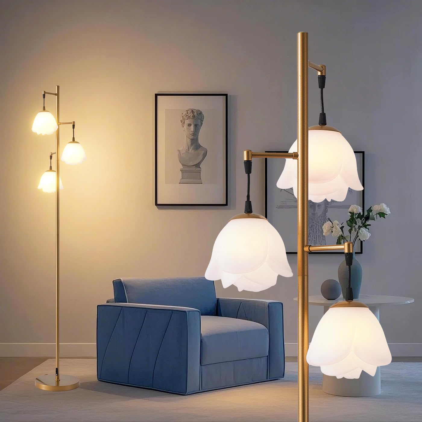 Photo 1 of Fiqevs Flower Floor Lamp for Living Room, Vintage Floor Lamp with 3 LED Bulbs, 3 Light Mid Century Standing Lamp with Acrylic Shade, Floral Tall Lamp for Bedroom Office - Antique Brass