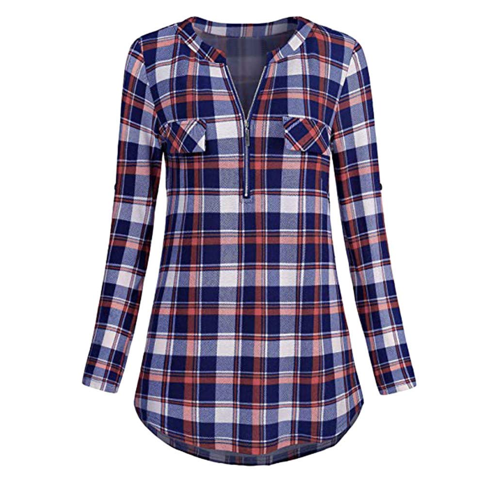 Longra Camicia a Quadri da Donna Manica Lunga Elegante Maglietta Top Manica 3//4 T-Shirt con Scollo a V Casual Bluse con Cerniera Donna Estate Taglie Forti