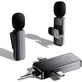 2-Pack Wireless Mini Lavalier Lapel Microphone for iPhone,Android Device(3 in 1) - 65ft Cordless Clip on Dual Mics with Noise Reduction 6H Working Time for Video Recording Vlogging, YouTube, Interview