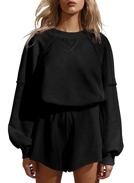 ALEUMDR WOMEN’S TWO PIECE OUTFITS LOUNGE SETS SWEATSHIRT LOUNGEWEAR SHORTS PAJAMAS SET 2023 FALL MATCHING SWEAT SET BLACK MEDIUM
