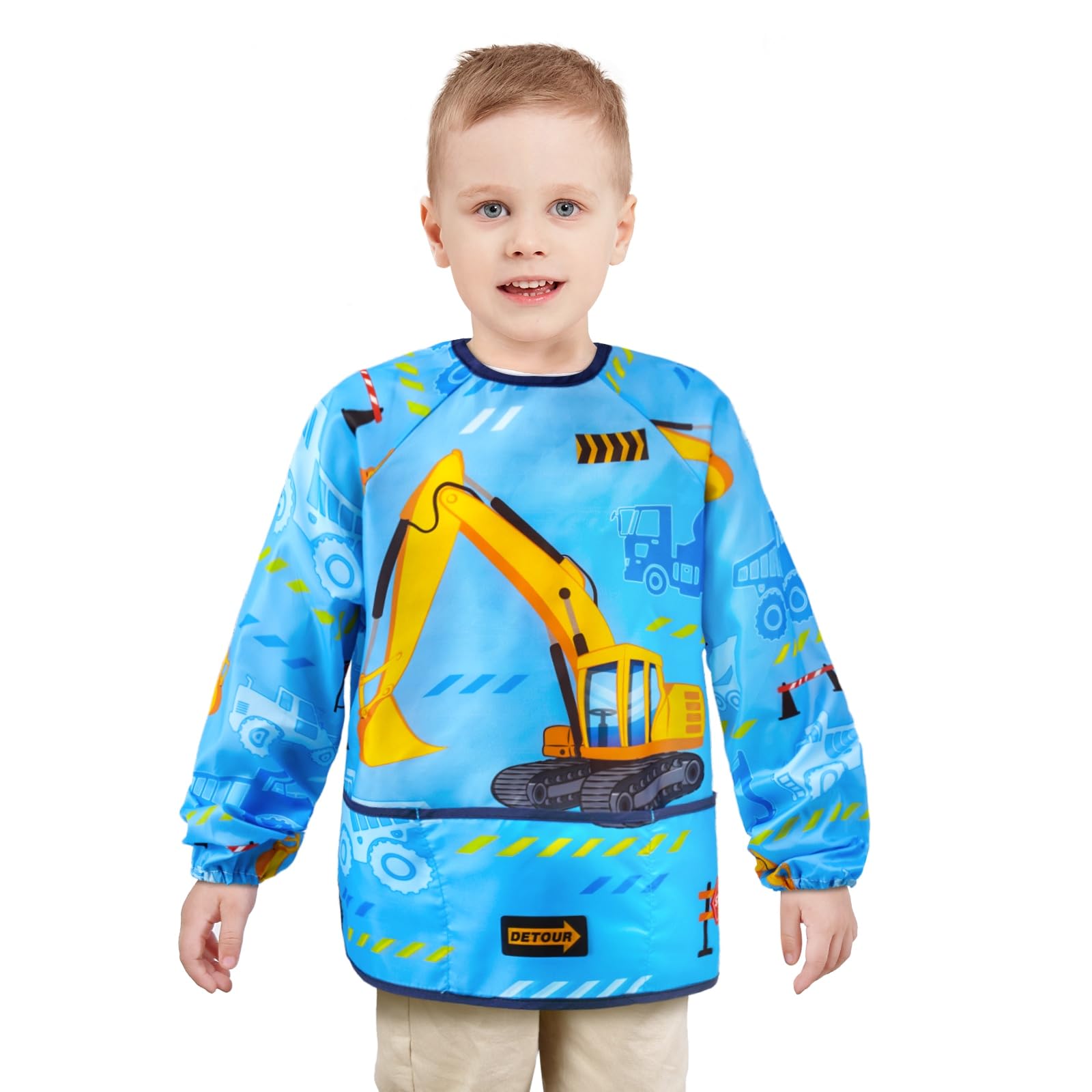 WERNNSAI Truck Art Smock for Kids- Kids Aprons for Girls Waterproof Toddler Art Smock Painting with Long Sleeve and 3 Pockets Little Boys Painting Eating Cooking Baking Gardening Water Play Apron