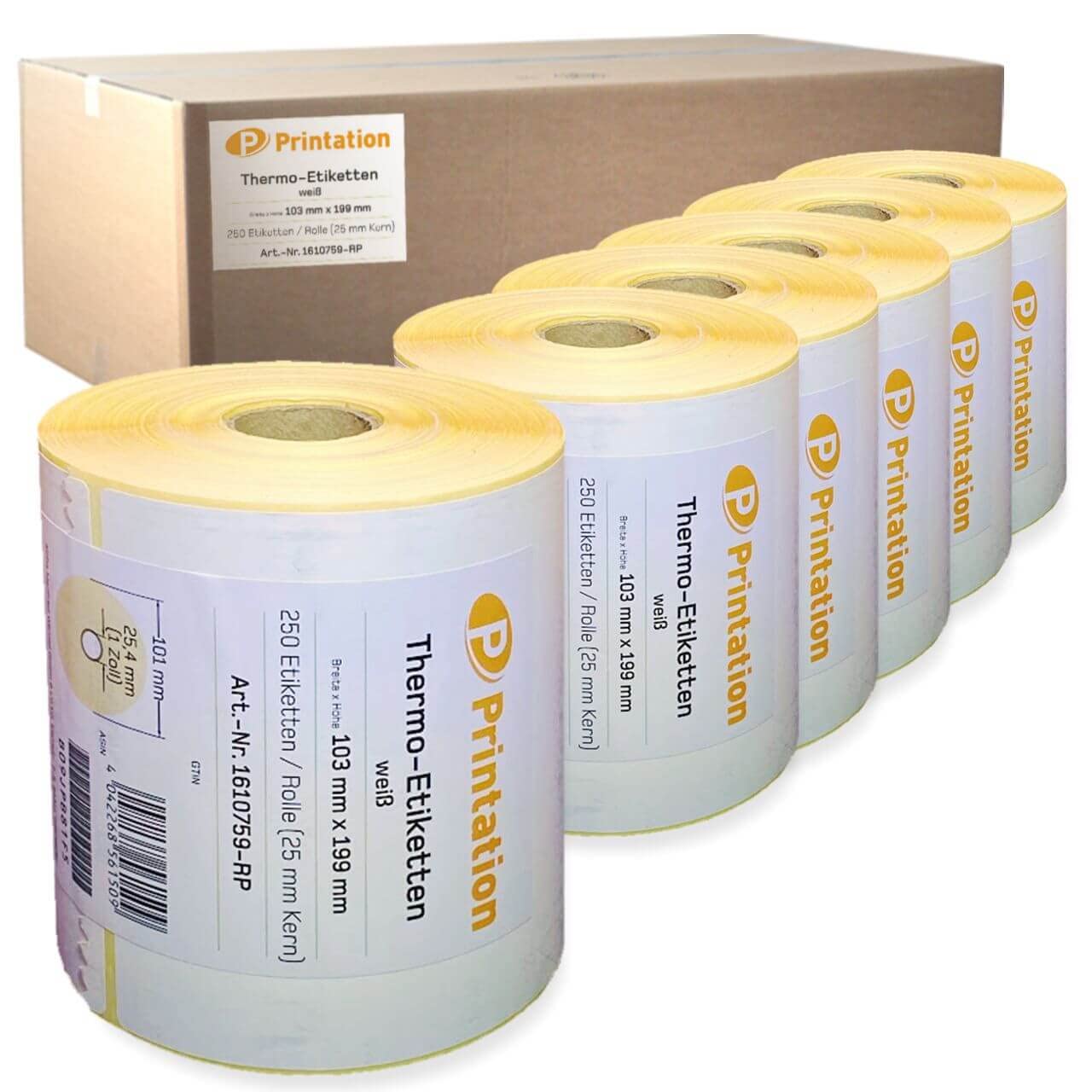 Printation Labels 103 x 199 mm White DHL, DPD, GLS, UPS - 1500 103 x 199 Thermal Labels on 6 Rolls - 250 Thermal Labels per Roll - Thermal Direct Permanent Parcel Stickers Zebra