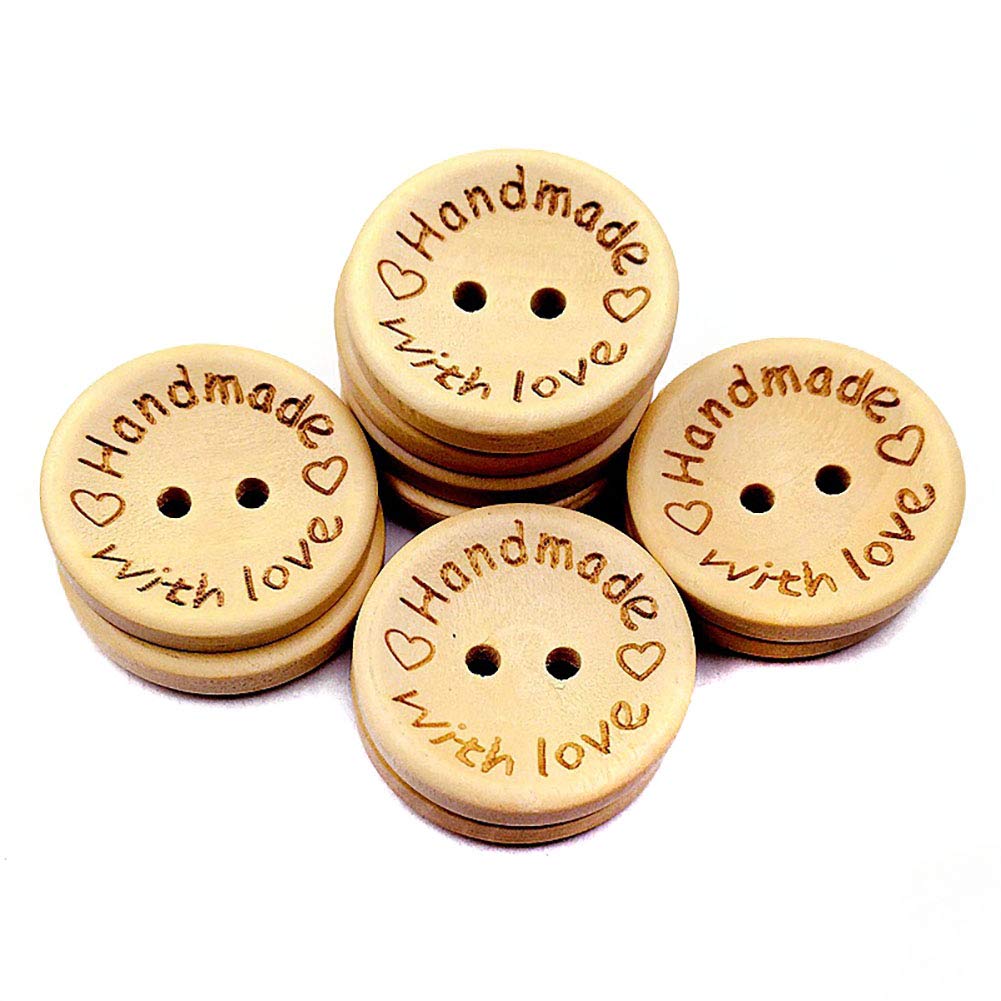 Fodattm 100 PCS Round 2 Hole Handmade with Love Wooden Button Wood Decorative Button for DIY Craft Sewing Embellishment Accessory (Diameter - 0.59" /15mm)