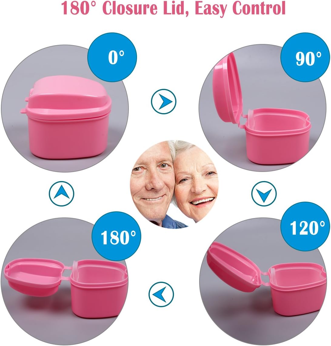 Bearals Denture Box, Denture Cup, Denture Case with Brush, Denture Bath Cleaning Soaking Cup with Strainer, Mouth Guard Night Gum Retainer Container (Pink): Health & Personal Care