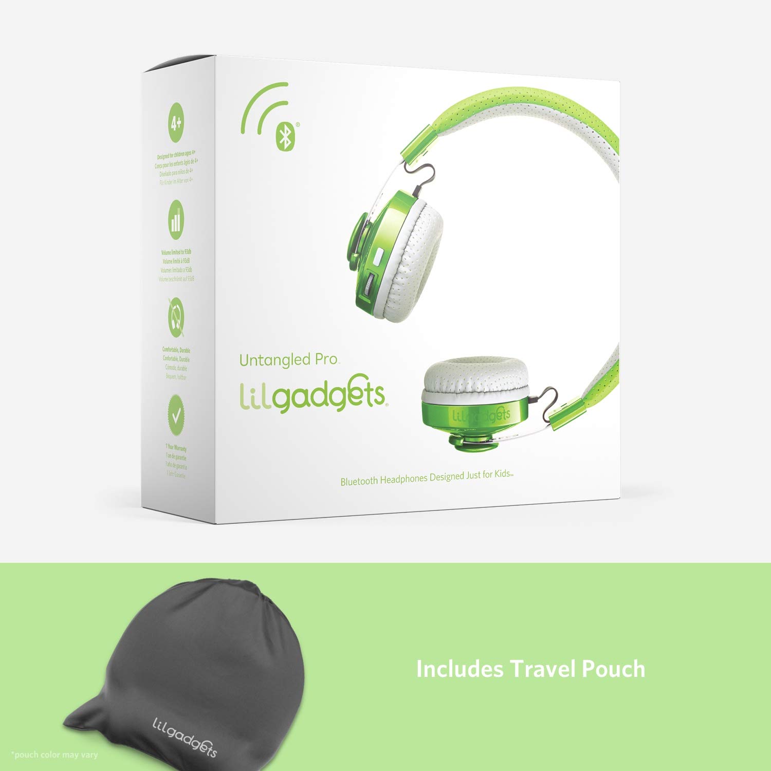 LilGadgets Untangled Pro On-Ear Wireless Kids Headphones for School, Microphone, Volume Limited, SharePort Technology, SoftTouch Padding, Green