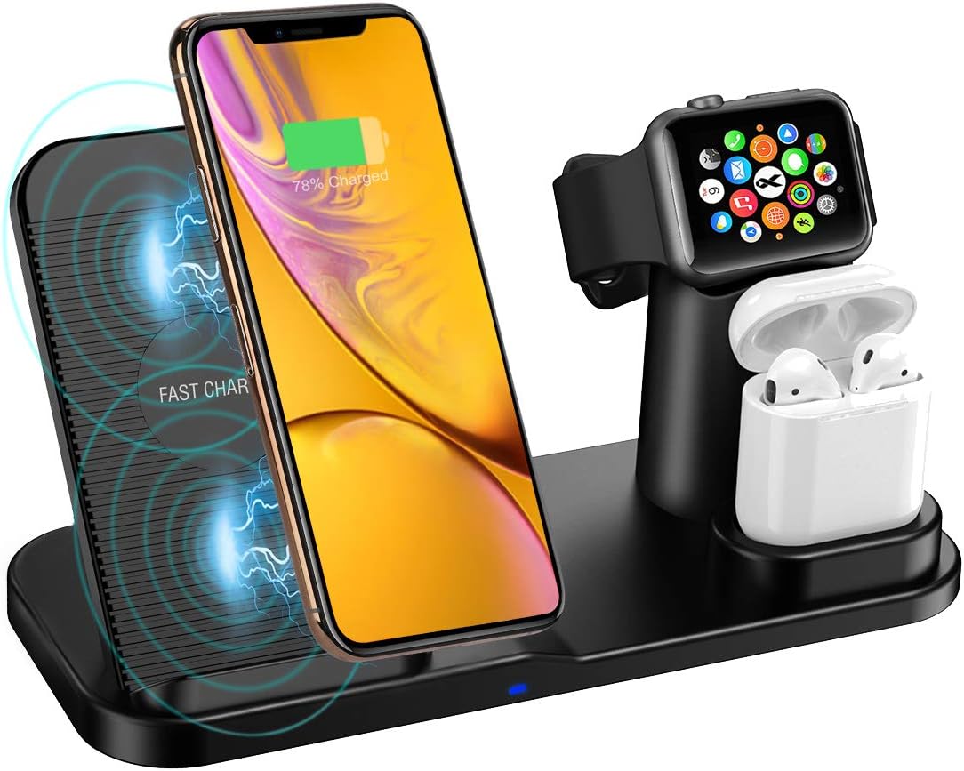 Wonsidary Wireless Charger Stand for iPhone AirPods Apple Watch, 3 in 1 Qi Fast Charging Station for iWatch Series 3/2/1, iPhone XS/XR/XS Max/X/8, Samsung S9 /S9 Plus/Note 8/S8, All Qi Enabled Phone