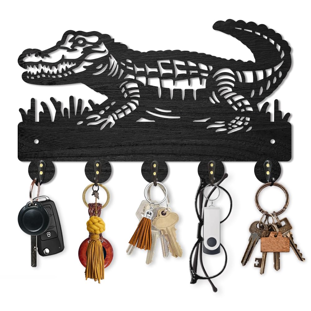 MAYJOYDIY Crocodile Wall Mount Key Holder, 30 x 18.1 cm, 5 Alloy Hooks, Wooden Coat Rack for for Entryway Hallway Kitchen Bedroom โ image 1
