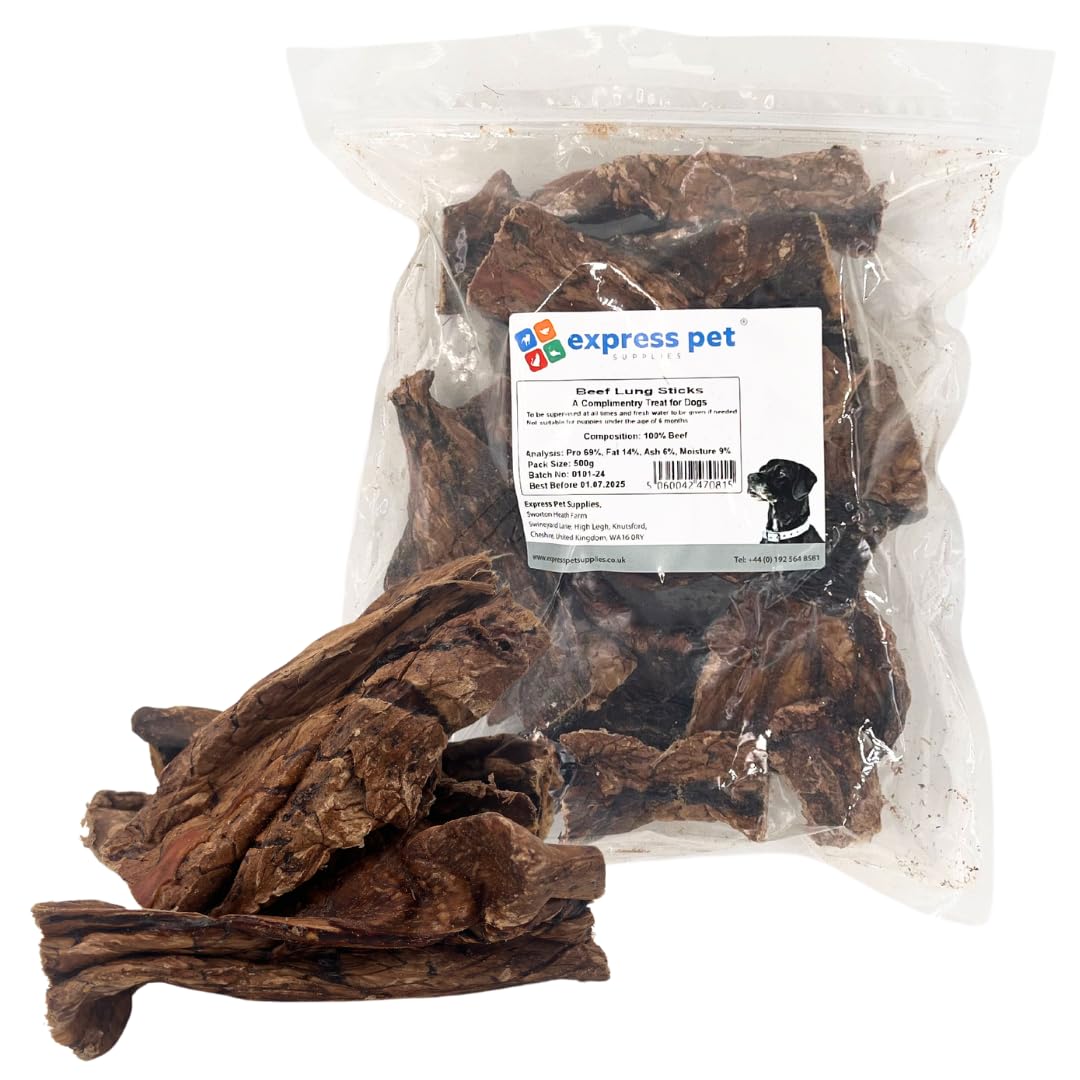 Express Pet Supplies Beef Lung Sticks | 100% Natural Air-Dried Treat for Dogs | Low Fat High Protein | Grain and Gluten Free (500g)