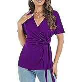 LEIYEE Womens Summer V Neck Short Sleeve Wrap Tops Casual Cute Front Twist Tie Knot Shirts Blouse