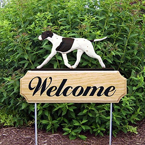 English Pointer Oak Wood Welcome Outdoor Yard Sign Liver/White
