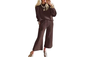 Tankaneo Womens 2 Piece Outfits Long Sleeve Crewneck Tops and Wide Leg Pants Set Casual Tracksuits with Pockets
