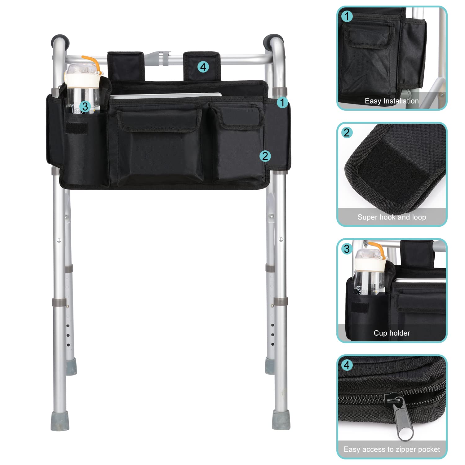 supregear Walker Bag, Folding Walker Basket Organizer Pouch Tote with Multiple Pockets and Zippered Compartment for Walker Rollator Scooters Wheelchair, Hook & Loop Design Storage Bag (Black)