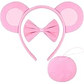 JazSwirl Bear Ears and Tail Set, 3PCS Cute Bear Ears Headband with Bow Tie and Tail for Adults, Plush Bear Ears for Halloween Cosplay (Pink)