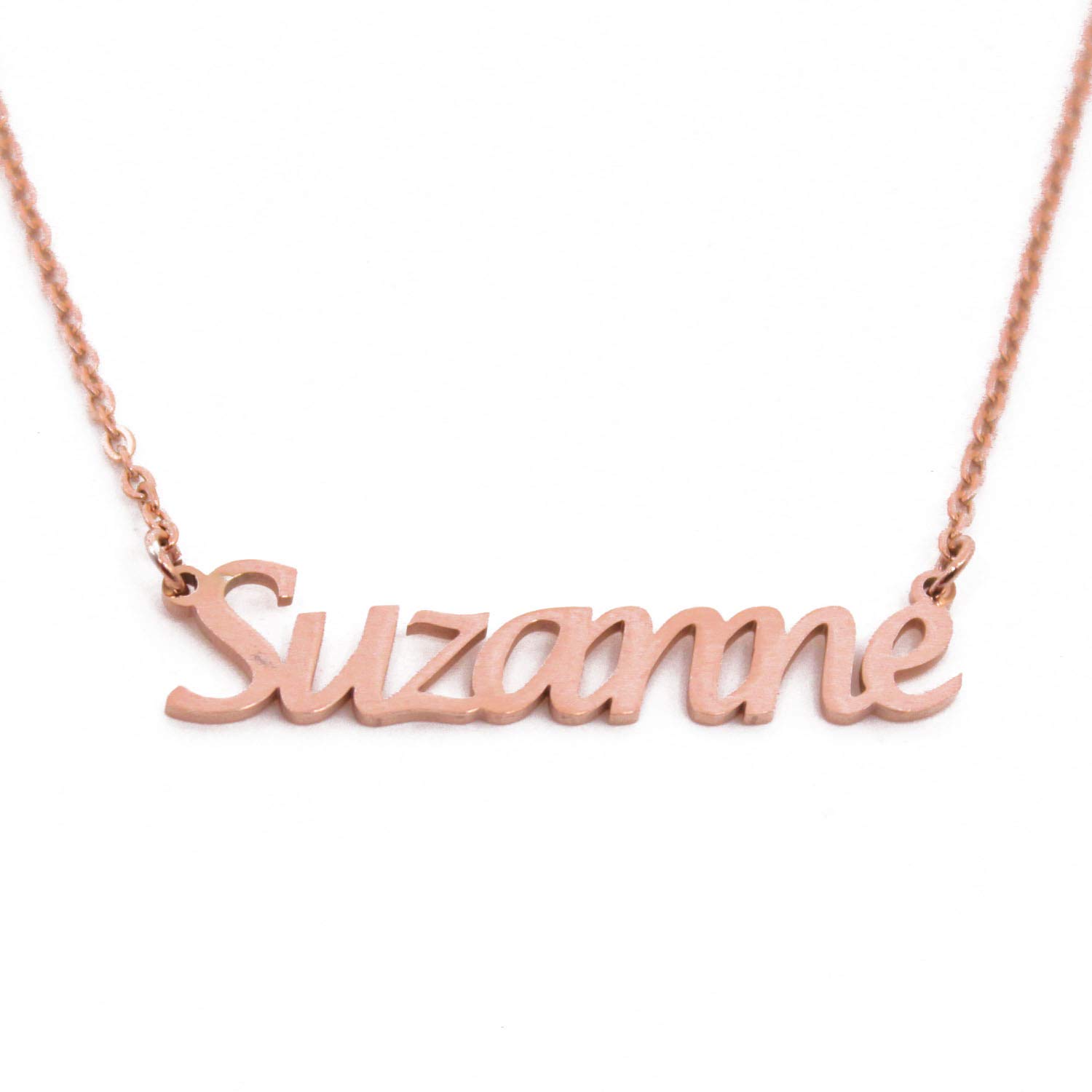 Kigu Suzanne Name Necklace Personalised 18ct Rose Gold Plated, Custom Dainty Name Pendants, Jewellery for Ladies, Girlfriend, Mother, Sister, Friends Inc Bag & Box