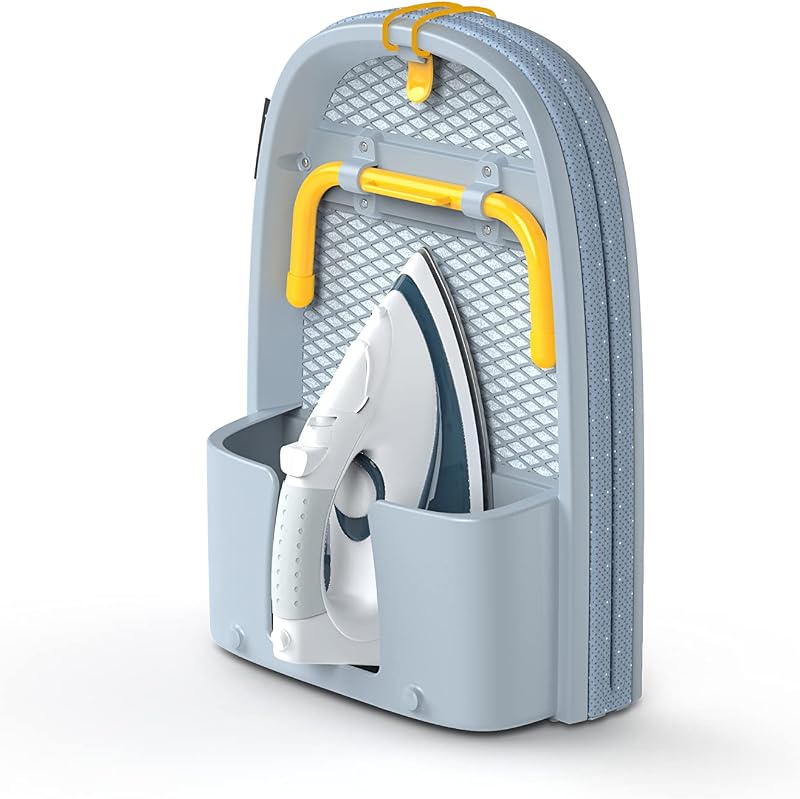 Pocket Planche à Repasser Pliante 90 x 33 cm avec Housse en Coton 100%, Rangement Compacte, Table Peu Encombrante, Porte-Fer Intégré, Gris/Jaune