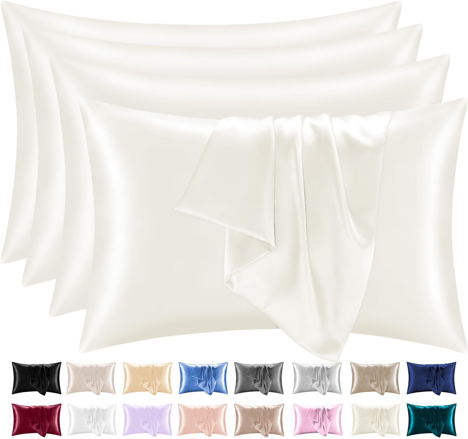 Lazzaro Satin Silk Pillowcases for Hair and Skin - Hypoallergenic Silk Pillow Cases 4 Pack with Envelope Closure - Ultrasoft Standard Size Ivory Silk Pillowcases (50 x 75 cm)