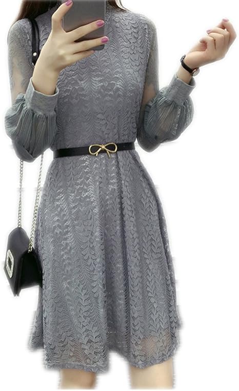 Amazon Fevon ワンピース レディース 春 秋 冬 長袖 レース セクシー可愛い ドレス パーティ ベルト付き 一枚仕上げ チュニック Aライン ひざ丈 シースル ホワイト ブラック グレー ワンピース チュニック 通販