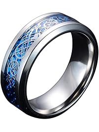 Sliver and Blue Celtic Dragon Titanium Steel Wedding Band Ring for Mens and Womens 8MM Width Size 7-14
